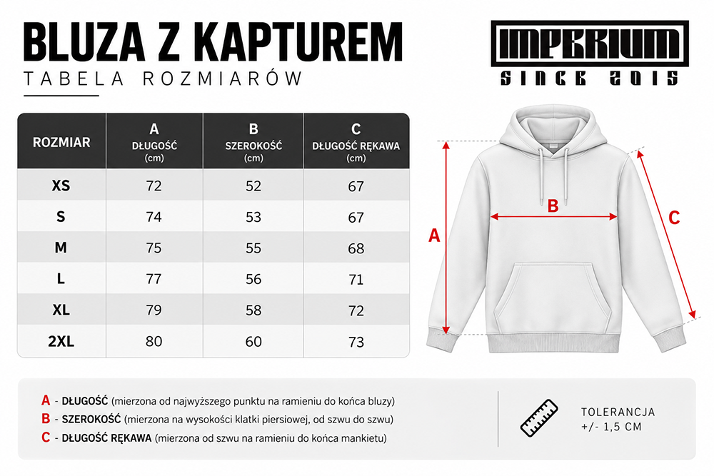 tabela rozmiarów bluza z kapturem